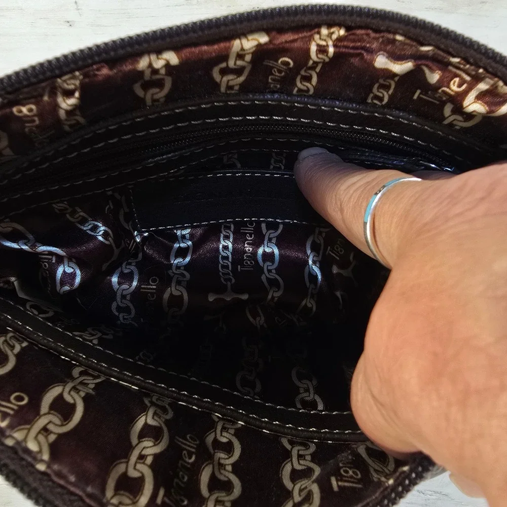 Tignanello Dark Brown Pebbled Leather Crossbody‎ Bag Organizer Contrast Stitch